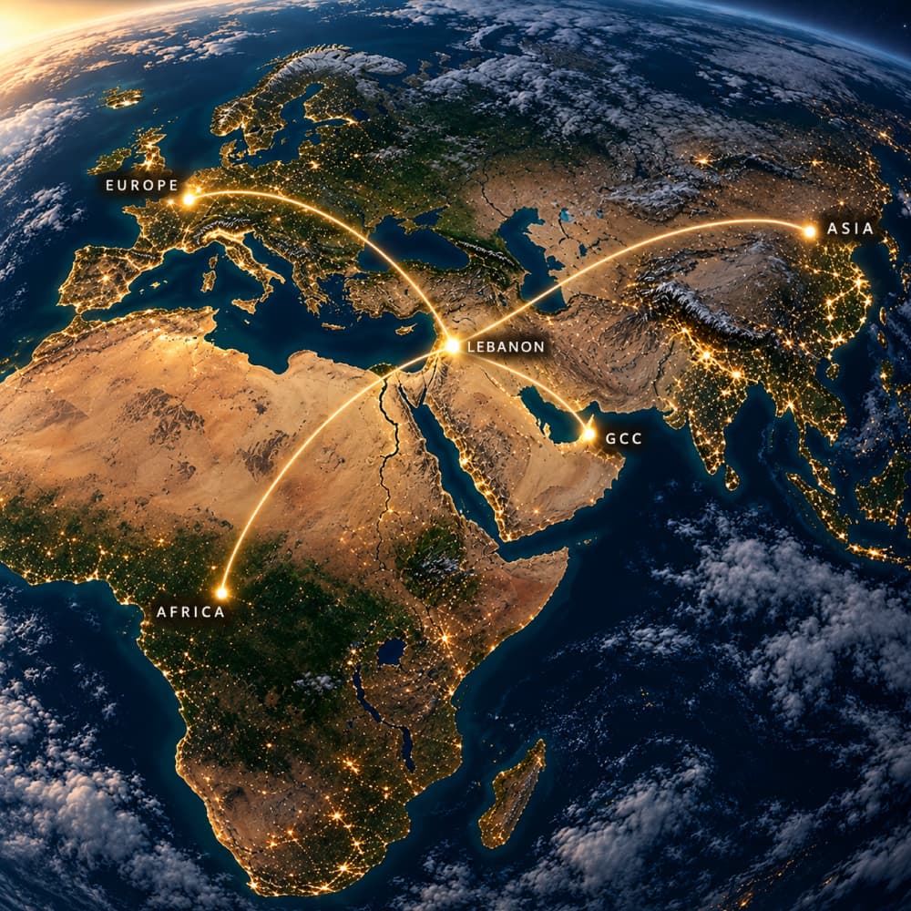 Night view of Earth with trade routes from Lebanon to Europe, Asia, Africa, and the GCC