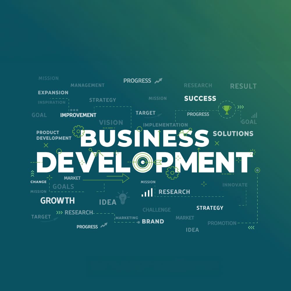 Business development graphic covering strategy, growth, and implementation