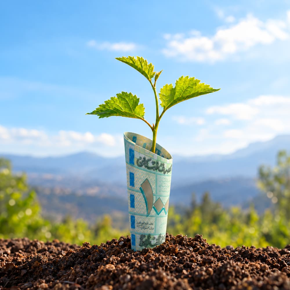 A young vine growing from a banknote planted in soil